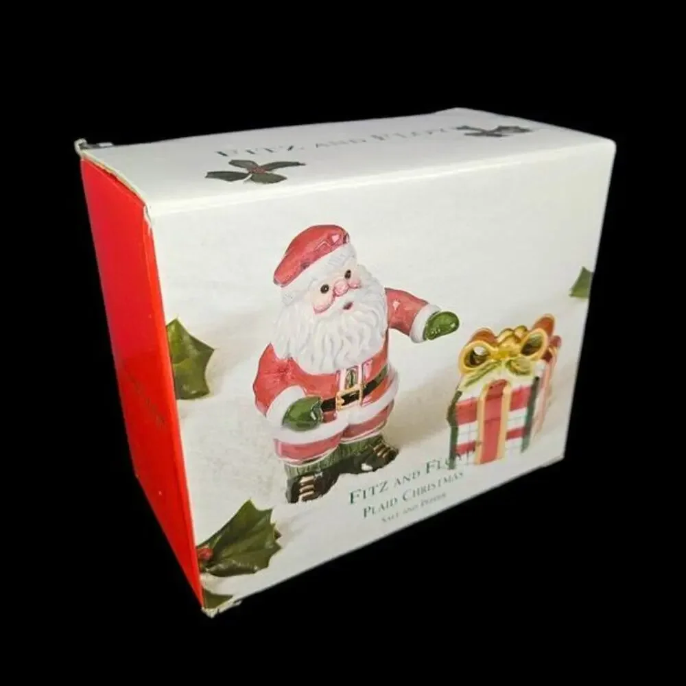 Fitz and Floyd Salt and Pepper Shakers Santa Claus Xmas Present Ceramic New READ